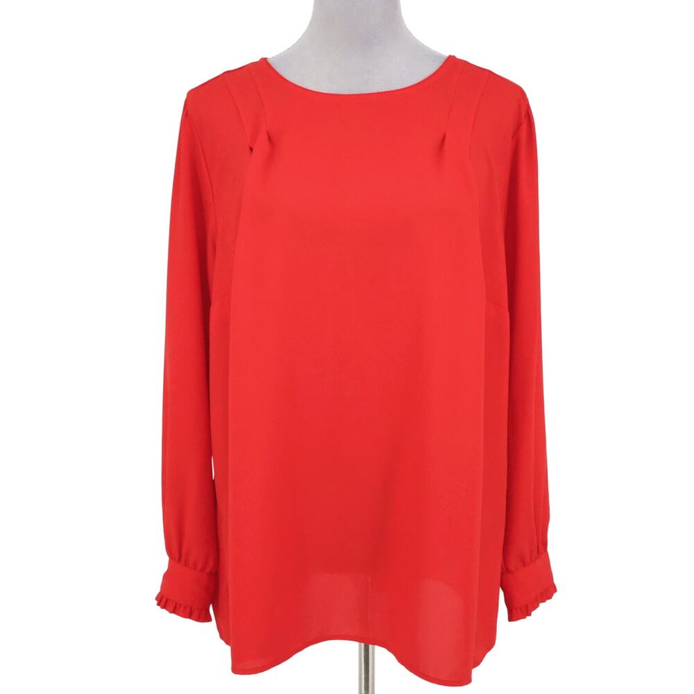 Loft Plus Top Womens 16 Red Pleated Shoulders Ruffle Cuffs Blouse Lightweight